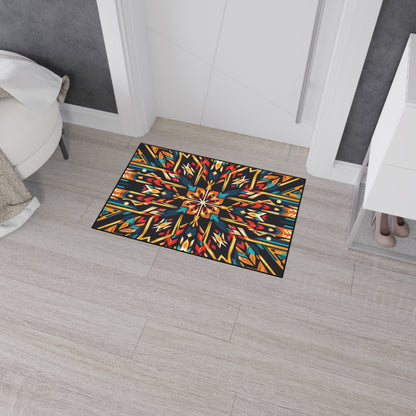 A colorful, African-inspired doormat with a symmetrical, kaleidoscopic geometric pattern in blue, orange, yellow, and red lies on light wood flooring near a white door. The room has a white bench, gray wall, and cabinet with visible shoes inside.