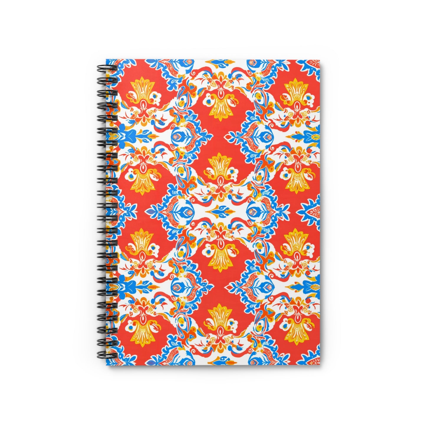 A spiral-bound notebook with a vibrant cover featuring culturally inspired designs—an ornate, symmetrical pattern of red, yellow, blue, and white floral swirls. The lively red background creates an eye-catching look for this premium writing notebook.