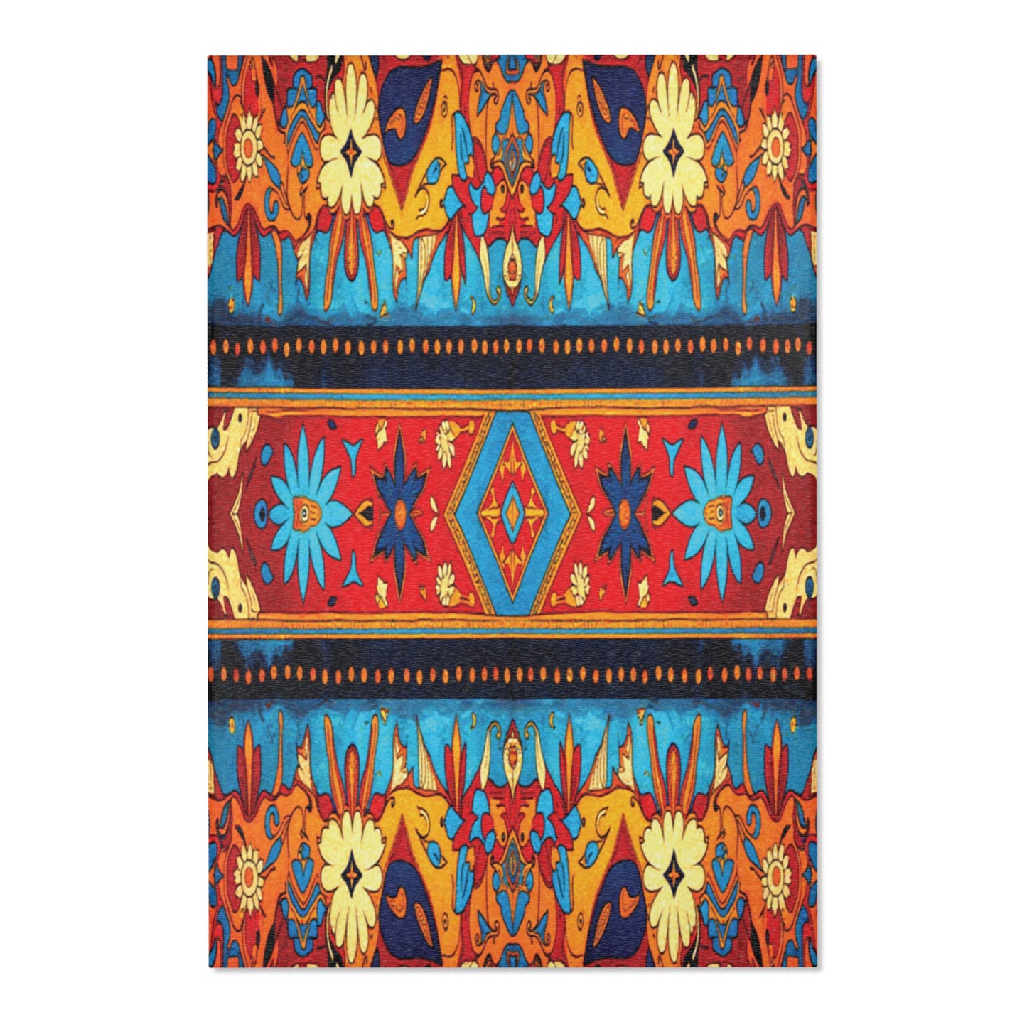 Vibrant symmetrical pattern featuring red, blue, yellow, and orange hues. Floral and geometric motifs are arranged in horizontal bands, with a central diamond shape and stylized flowers, evoking the bold look of stylish colorful rugs.