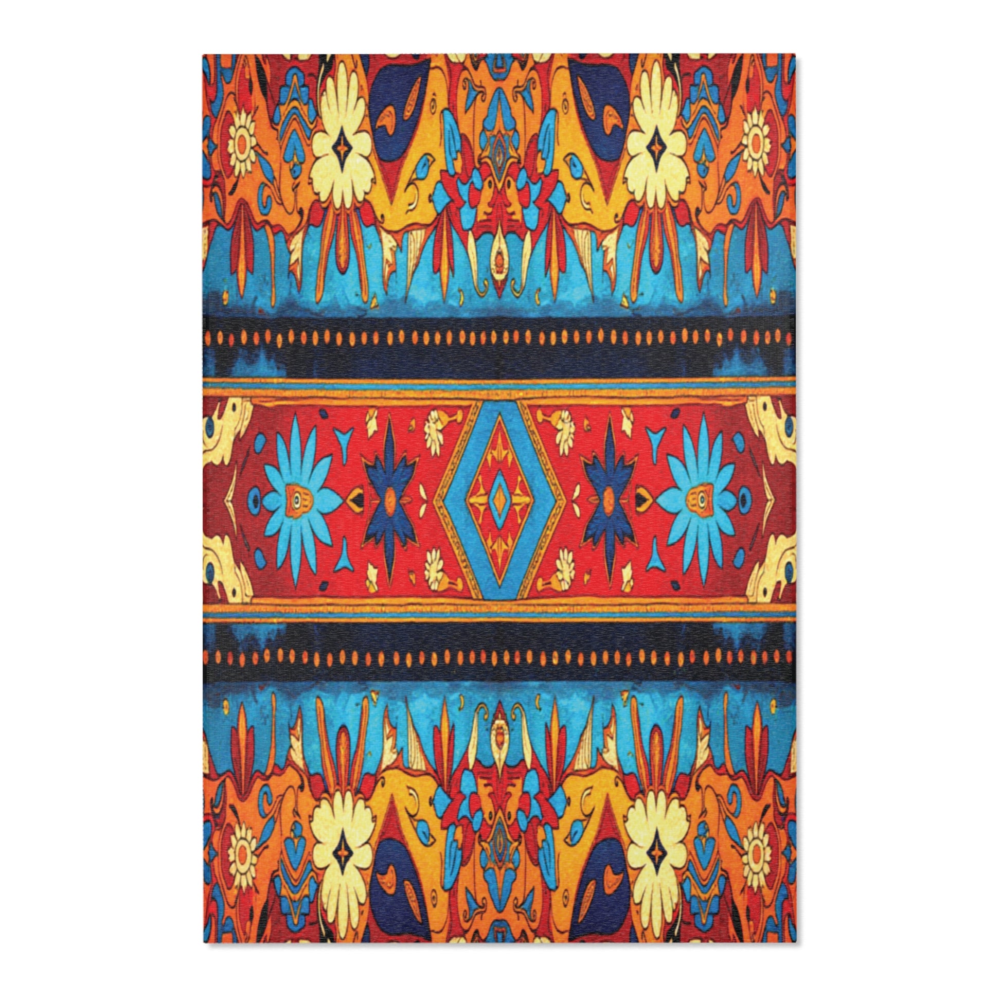 Vibrant symmetrical pattern featuring red, blue, yellow, and orange hues. Floral and geometric motifs are arranged in horizontal bands, with a central diamond shape and stylized flowers, evoking the bold look of stylish colorful rugs.