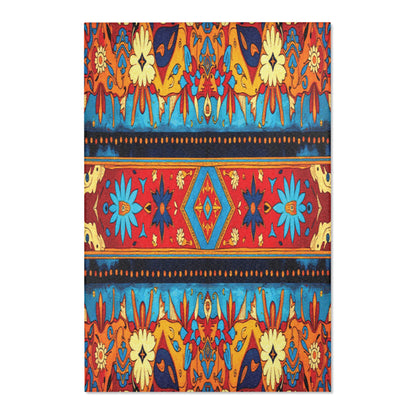 Vibrant symmetrical pattern featuring red, blue, yellow, and orange hues. Floral and geometric motifs are arranged in horizontal bands, with a central diamond shape and stylized flowers, evoking the bold look of stylish colorful rugs.