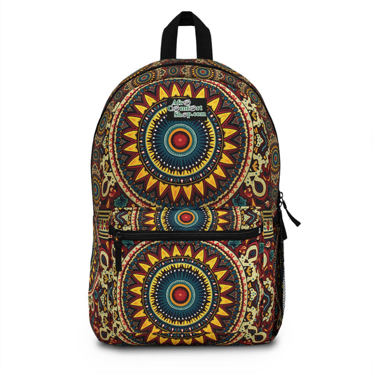 A boho chic rucksack with vibrant mandala patterns in red, yellow, blue, and green. Large circular motifs and intricate geometric details decorate this African-inspired backpack, with a matching front pocket and Afro Culture Shop.com logo at the top center.