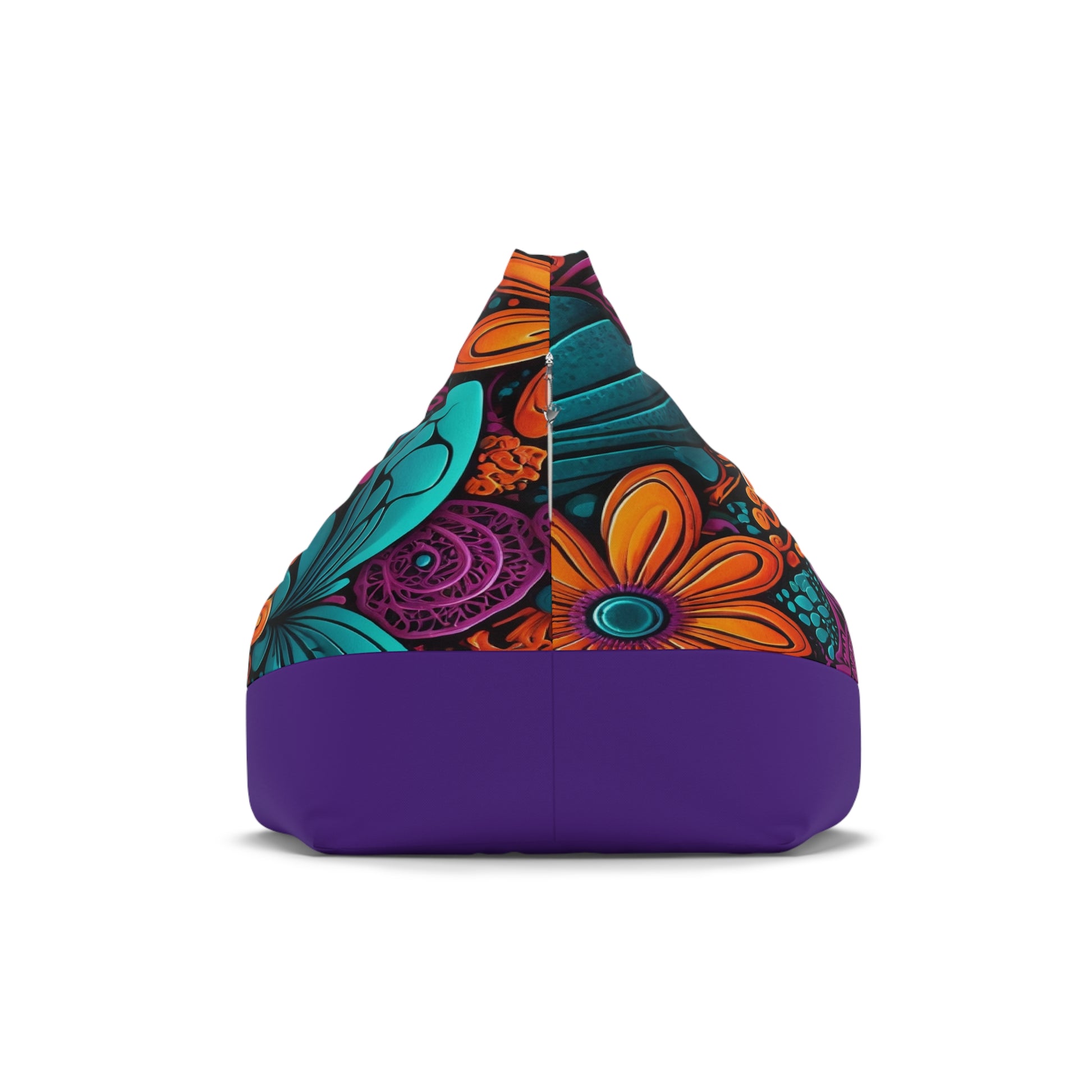 A bean bag chair with a versatile design features orange and teal flowers and swirling patterns on the top half, solid purple bean bag covers on the bottom, and a plain white background—perfect for adding ultimate comfort to any space.