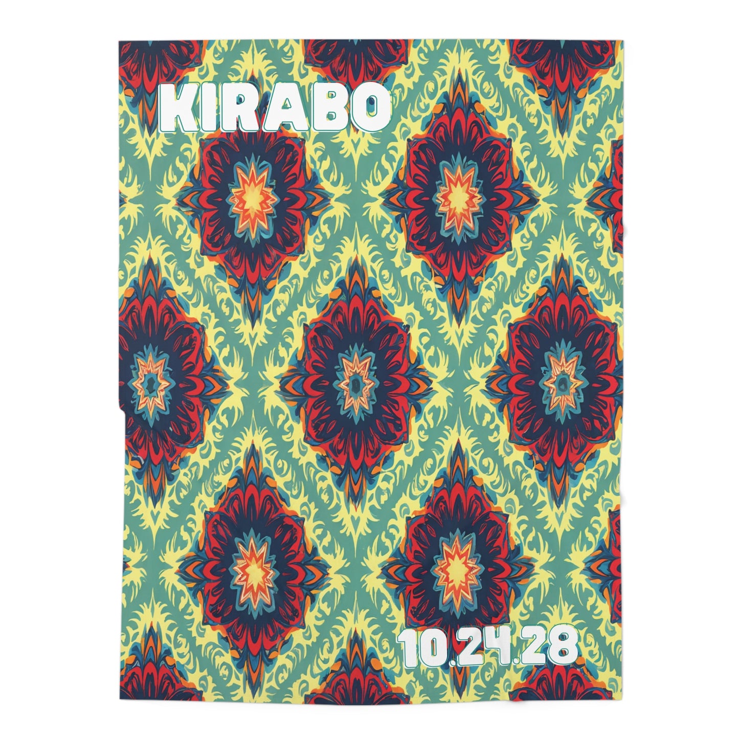 A vibrant geometric floral pattern with red, blue, and yellow starbursts on a green background brings African-inspired decor to life. KIRABO is in bold white at the top left, and 10.24.28 appears in white at the bottom right corner.