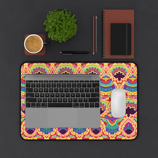 Top-down view of a workspace with a gray laptop and white mouse on a colorful neoprene desk mat, a cup of coffee, small potted plant, two notebooks (one with a black strip), and two pens, all arranged on a dark surface.