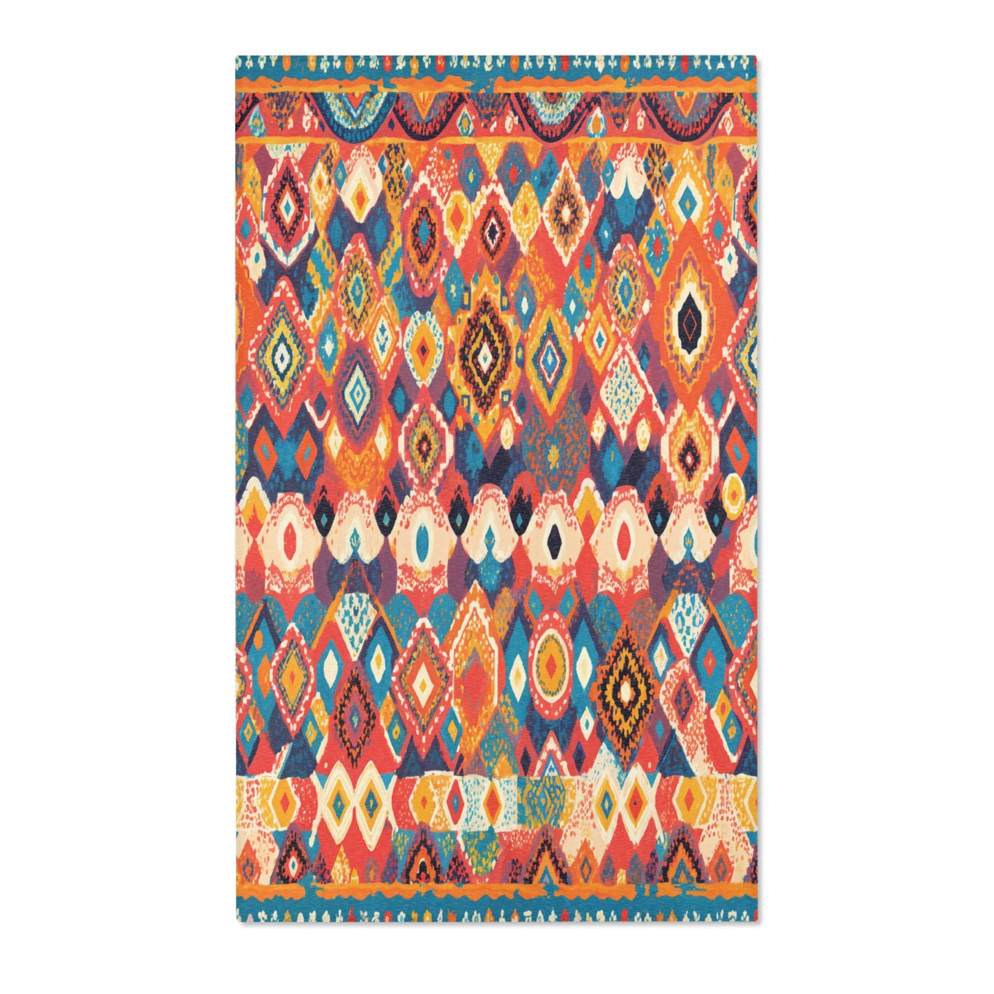 A colorful square rug with intricate geometric and diamond patterns in vibrant hues, inspired by African design rugs. Its repeating motifs and borders create a bold, traditional look—perfect for stylish home decor.
