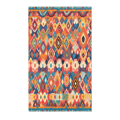 A colorful square rug with intricate geometric and diamond patterns in vibrant hues, inspired by African design rugs. Its repeating motifs and borders create a bold, traditional look—perfect for stylish home decor.