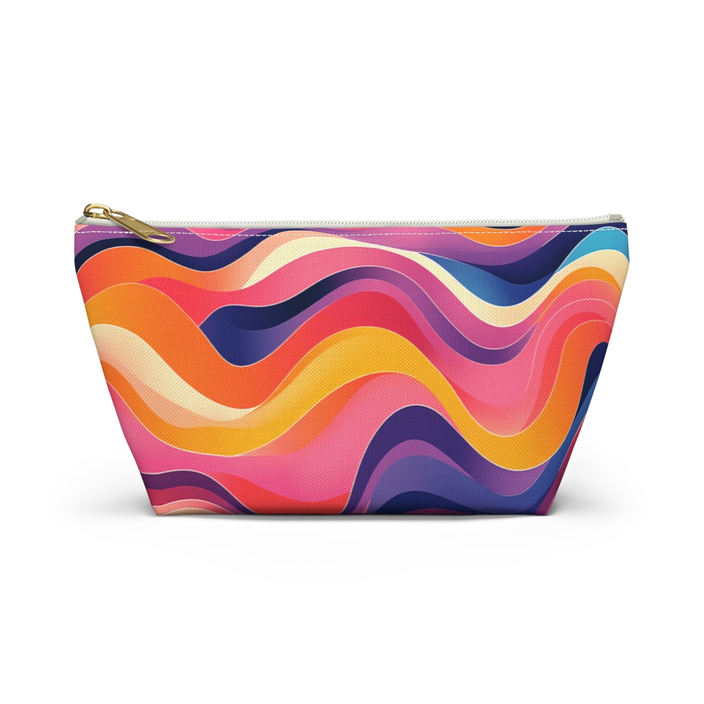 A zippered T-bottom pouch with a gold zipper, featuring a vibrant, wavy pattern in orange, yellow, pink, purple, navy blue, and red. This cosmetic travel bag showcases abstract African-inspired patterns for a dynamic and colorful look.