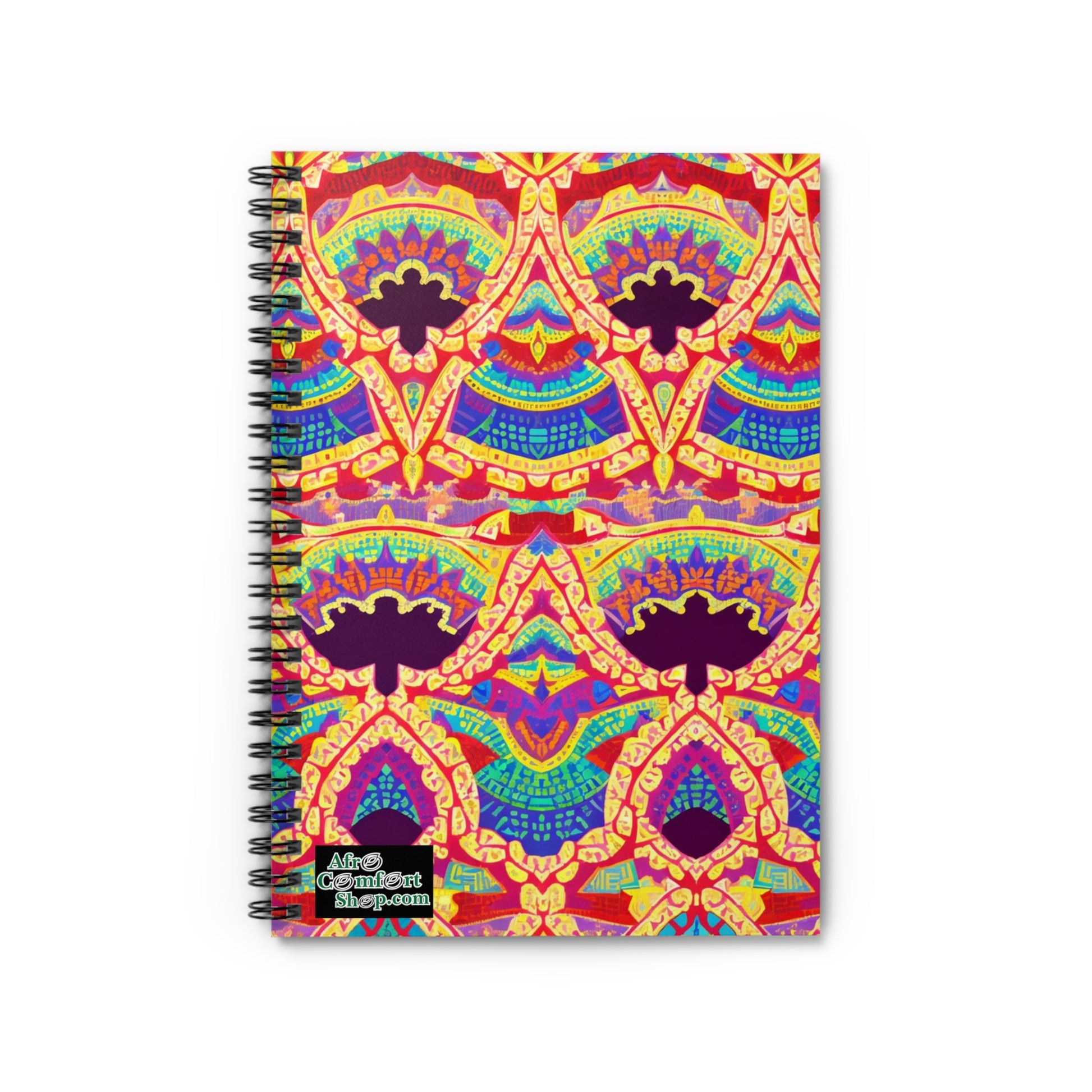 A culturally inspired notebook, this spiral notebook features a vibrant, symmetrical pattern with yellow, red, blue, green, and purple shapes reminiscent of abstract masks. The design covers the front cover with a small Alice Collette Shop.com logo in the corner.