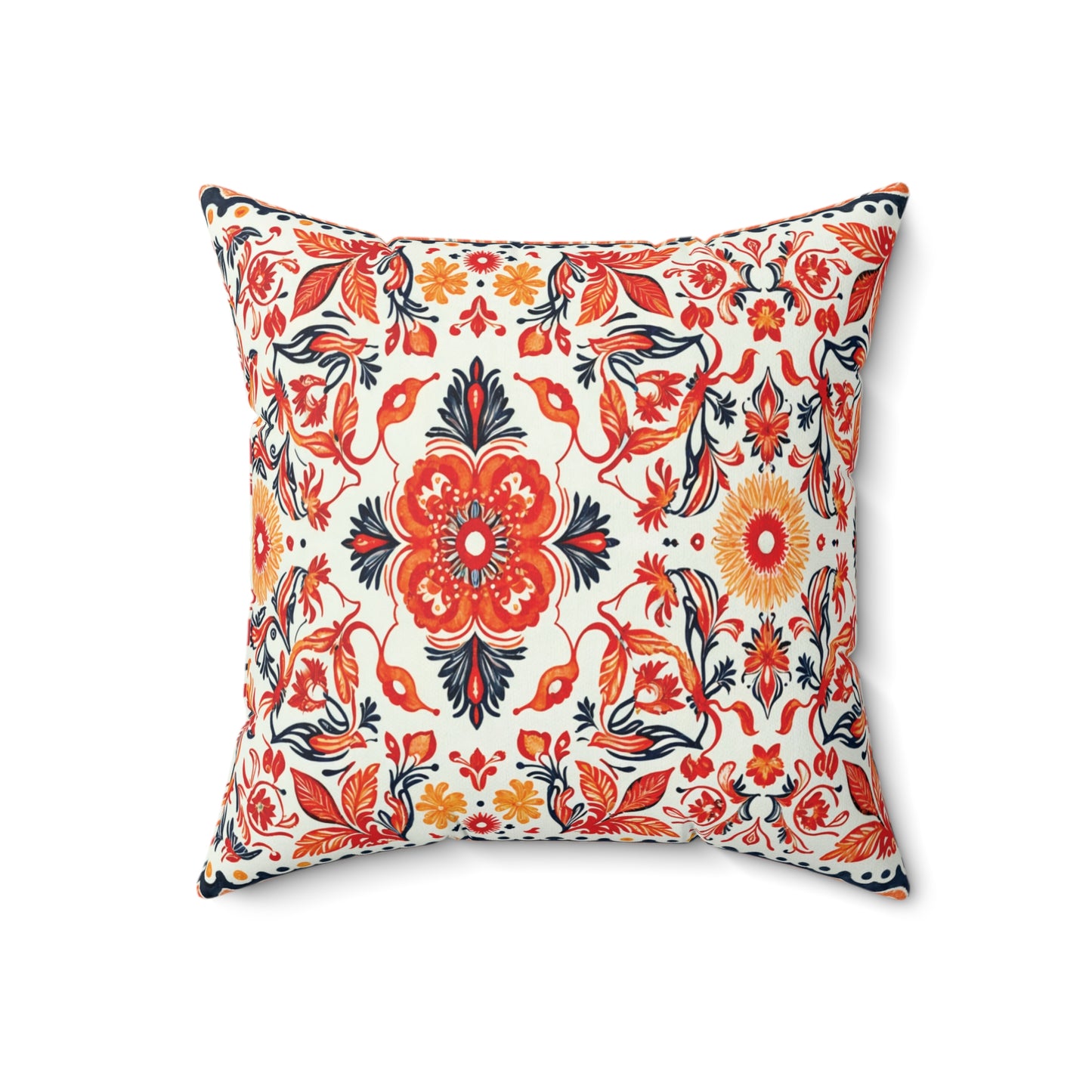 Square decorative throw pillow with a vibrant floral pattern in orange, red, yellow, and black on white. The design features large central flowers and leafy vines, creating a lively, symmetrical arrangement—perfect as an African accent pillow for any space.