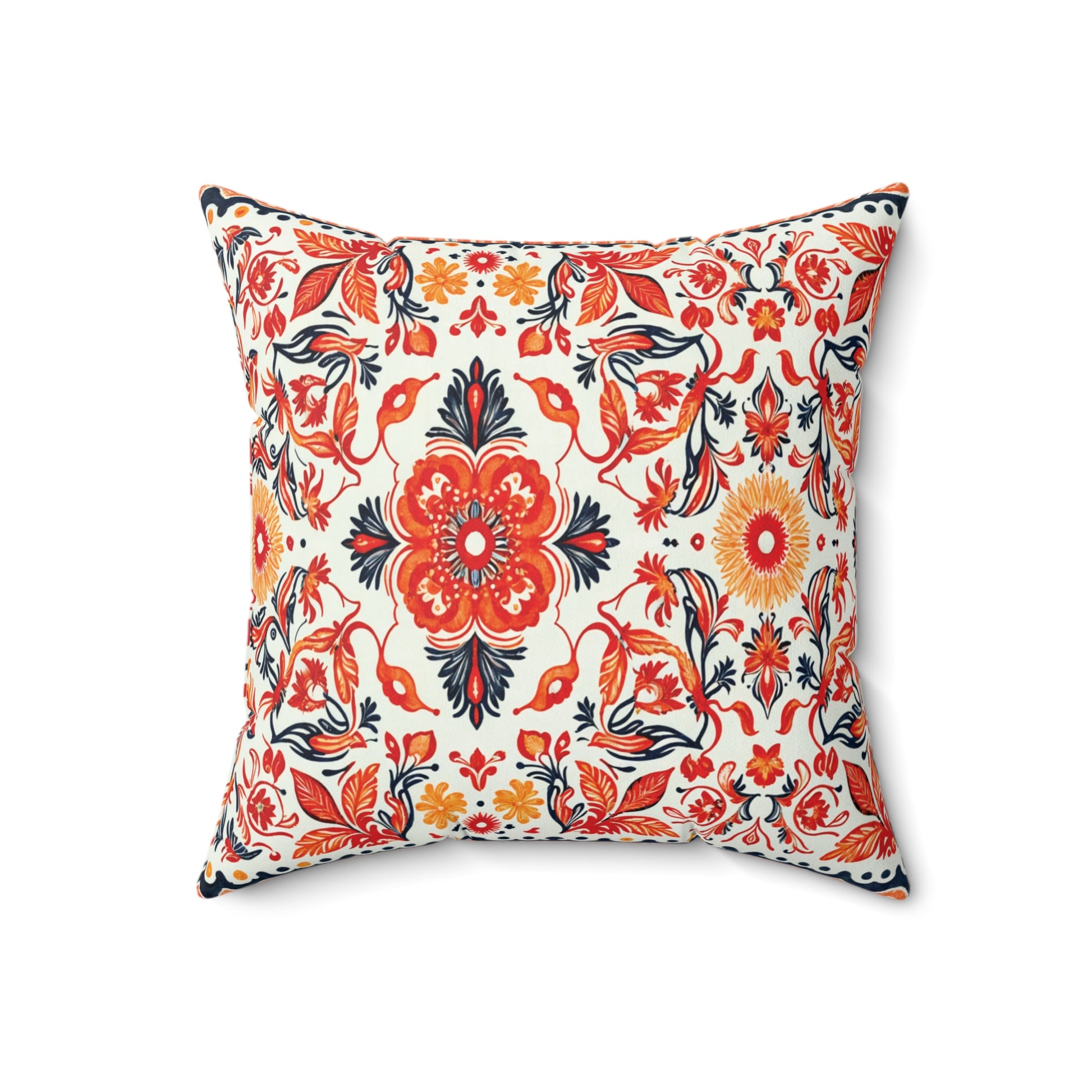 Square decorative throw pillow with a vibrant floral pattern in orange, red, yellow, and black on white. The design features large central flowers and leafy vines, creating a lively, symmetrical arrangement—perfect as an African accent pillow for any space.