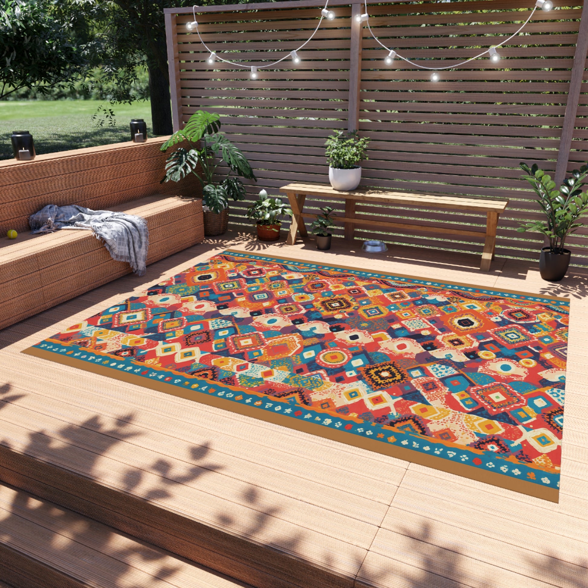 A colorful African-inspired geometric outdoor rug lies on a wooden deck with built-in seating and cushions. Potted plants, string lights, and a throw blanket decorate the cozy patio, with a wooden privacy screen and lush green lawn in the background.