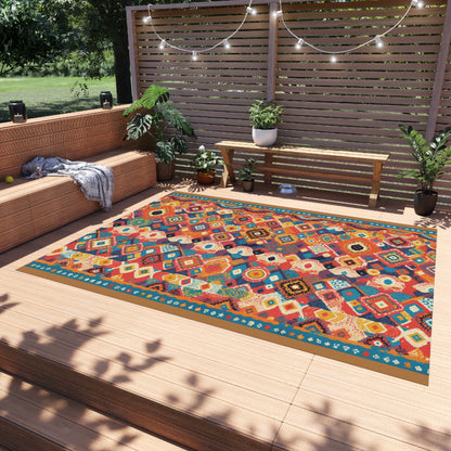A colorful African-inspired geometric outdoor rug lies on a wooden deck with built-in seating and cushions. Potted plants, string lights, and a throw blanket decorate the cozy patio, with a wooden privacy screen and lush green lawn in the background.