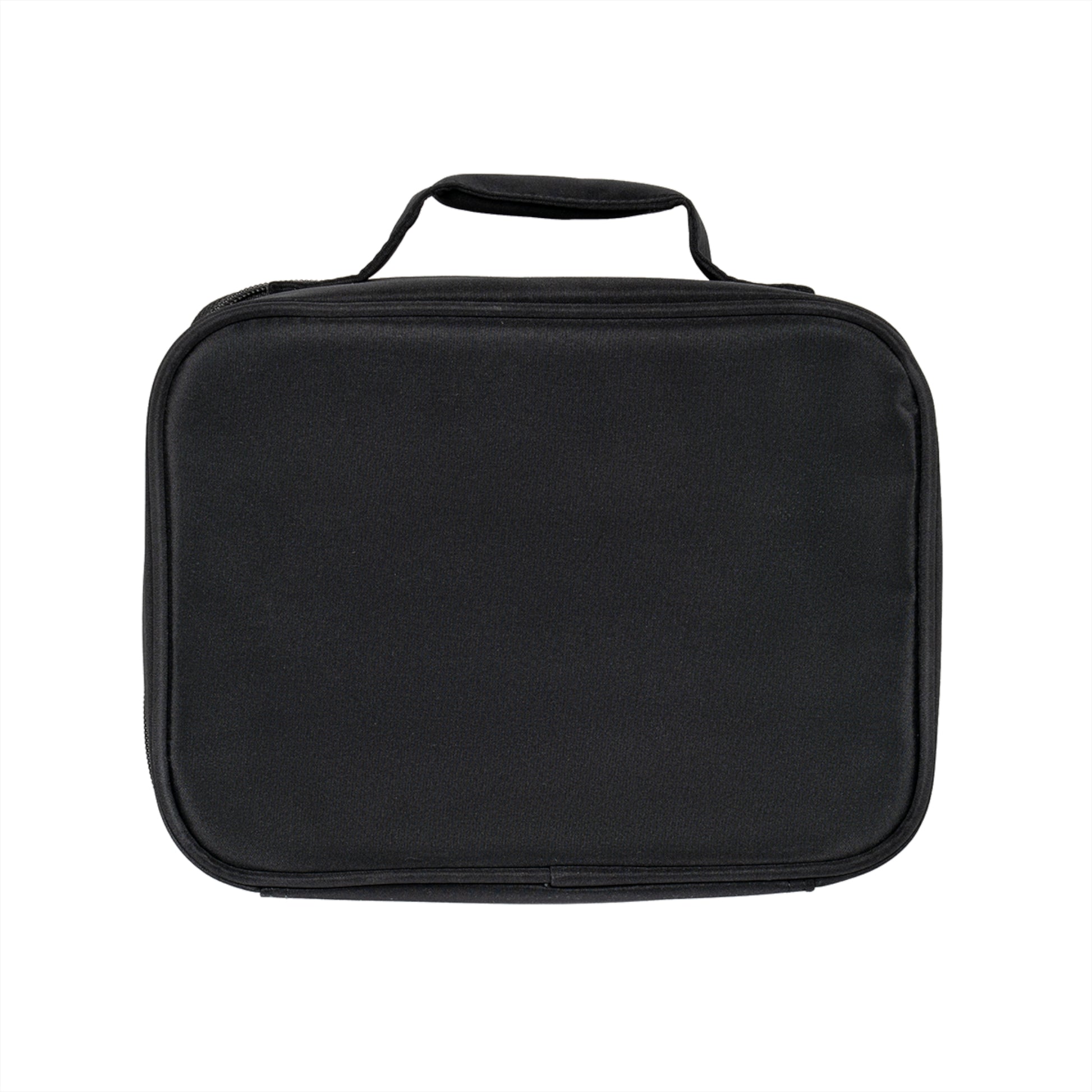 A plain black insulated lunch bag with a zippered closure and a small fabric handle on top, placed against a white background. The bag’s surface is smooth and unadorned.