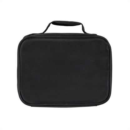 A plain black insulated lunch bag with a zippered closure and a small fabric handle on top, placed against a white background. The bag’s surface is smooth and unadorned.