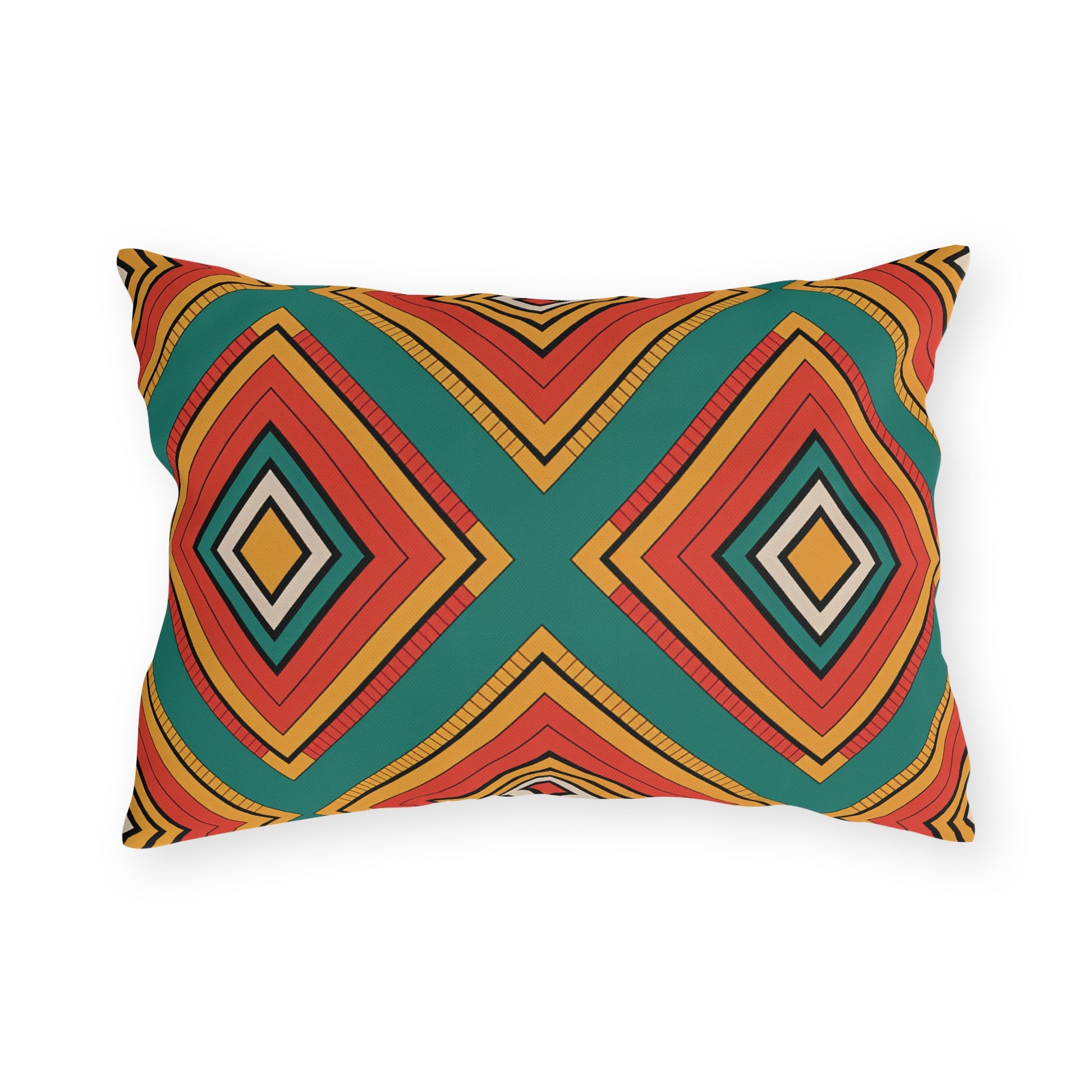 Rectangular outdoor pillow with a bold, geometric pattern in red, orange, teal, black, and beige. Made from weatherproof materials, this customizable design adds vibrant style to your space with its symmetrical diamond shapes on a white background.