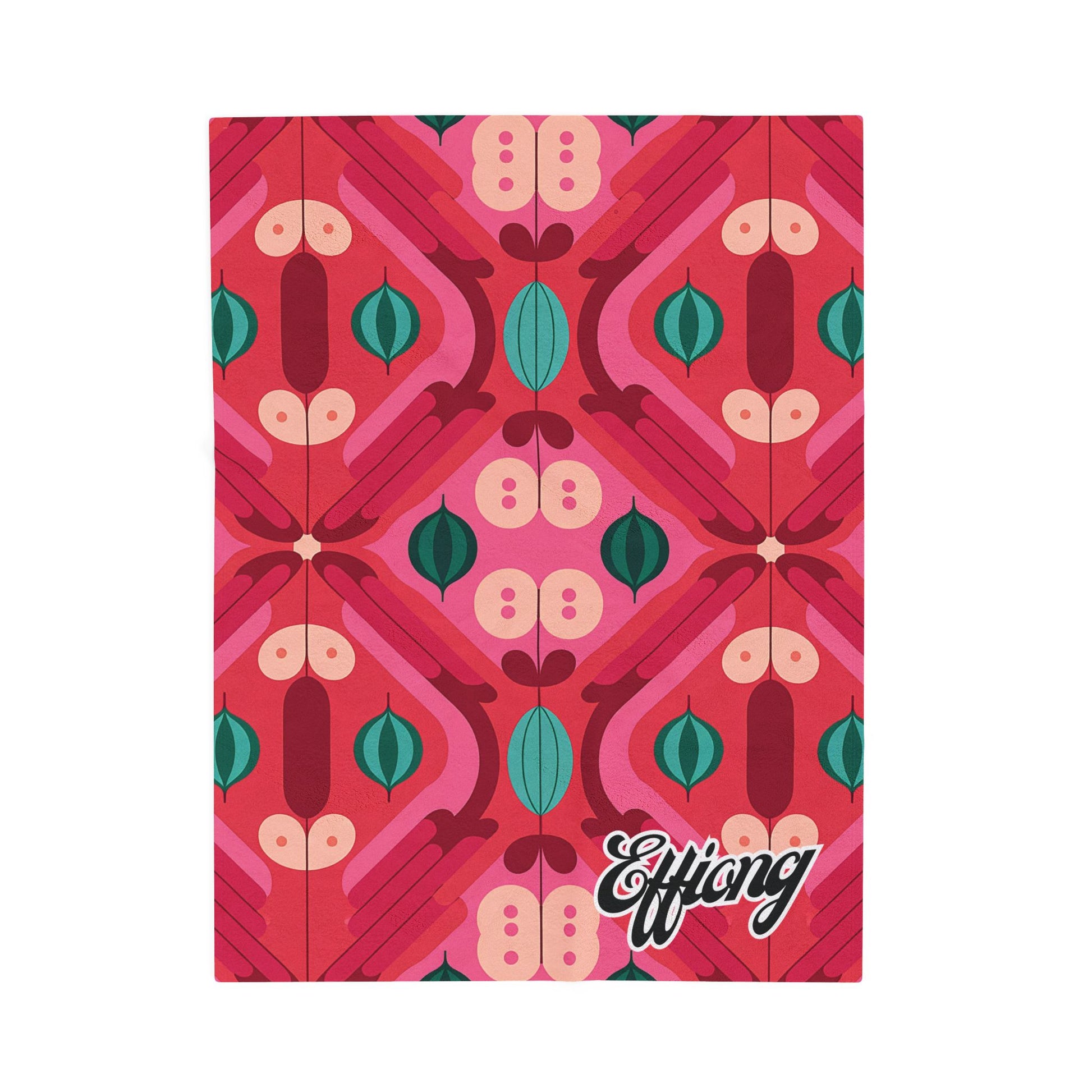 A vibrant, patterned notebook cover featuring bold geometric shapes in red, pink, teal, and green. The retro-inspired design is symmetrical, making it a perfect custom gift. Effing appears in white cursive with a black shadow in the lower right corner.