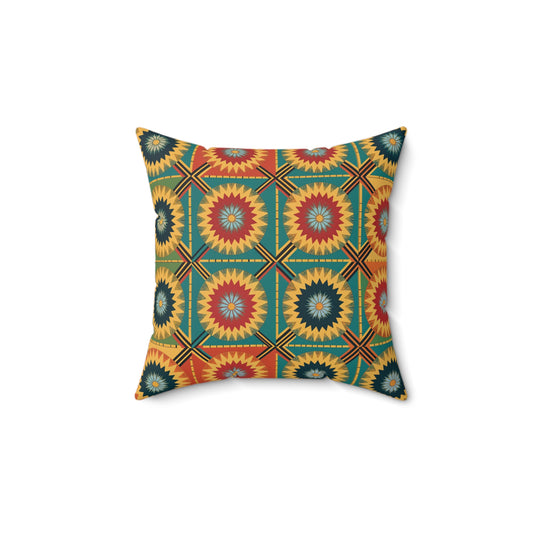 A square decorative pillow featuring vibrant patterns of starburst shapes in red, yellow, teal, and navy blue. Inspired by African-Inspired pillows, its geometric grid pops against a white background—a striking addition to your home decor.