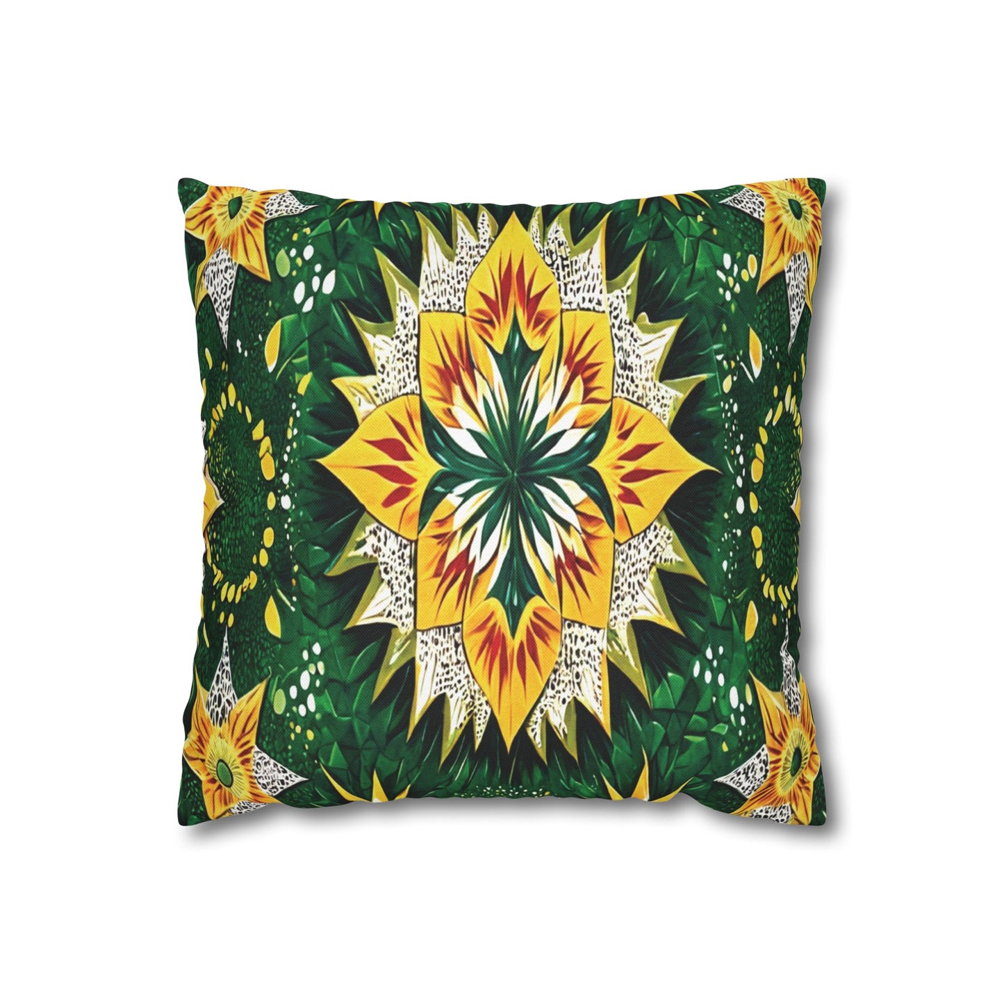 Rectangular pillow with a vibrant symmetrical pattern inspired by African pillowcases. A bold, star-like motif in yellow, green, white, and red centers the design, surrounded by leafy and floral shapes on a dark green background for a striking look.