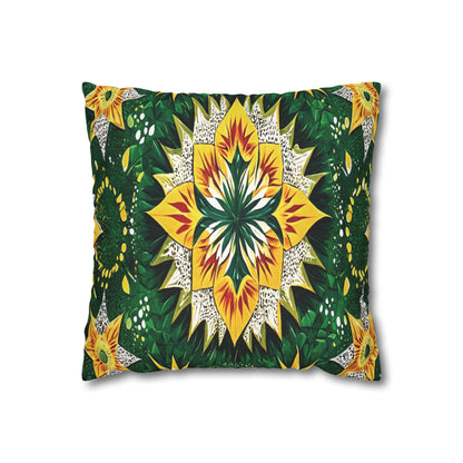 Rectangular pillow with a vibrant symmetrical pattern inspired by African pillowcases. A bold, star-like motif in yellow, green, white, and red centers the design, surrounded by leafy and floral shapes on a dark green background for a striking look.