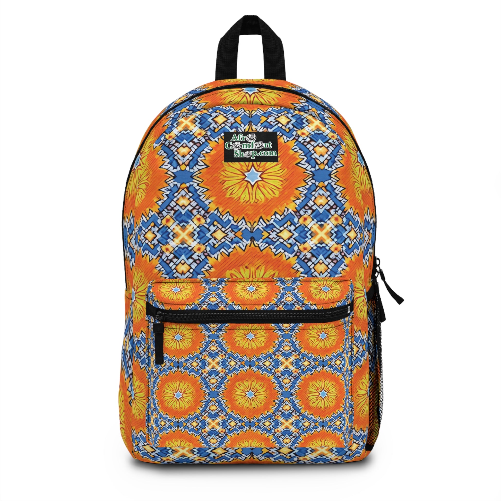 A vibrant backpack featuring a geometric pattern in orange, blue, and yellow with sunburst motifs and intricate mosaics. This African-inspired backpack has a front zip pocket, side mesh pocket, black straps, and an Afro Content Shop.com patch.