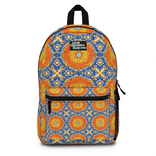 A vibrant backpack featuring a geometric pattern in orange, blue, and yellow with sunburst motifs and intricate mosaics. This African-inspired backpack has a front zip pocket, side mesh pocket, black straps, and an Afro Content Shop.com patch.