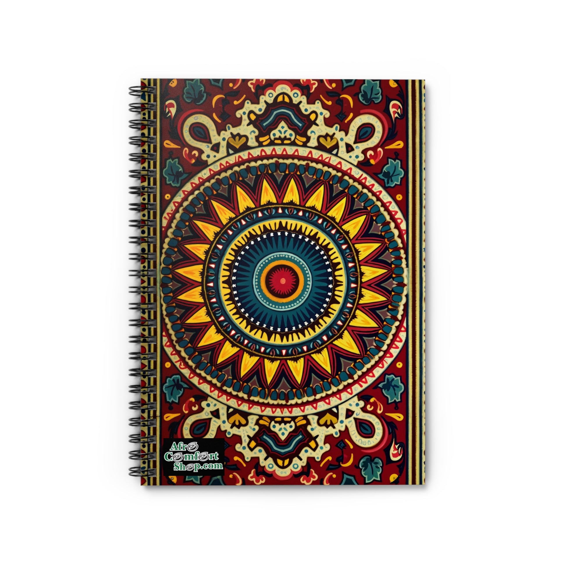 A spiral-bound notebook with a vibrant cover featuring an intricate, colorful mandala in red, yellow, blue, and orange tones. Inspired by culturally inspired designs, “Alter Comfort shop.com” is printed in white at the bottom left corner.