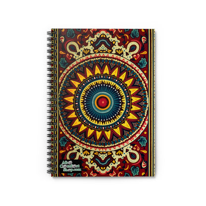 A spiral-bound notebook with a vibrant cover featuring an intricate, colorful mandala in red, yellow, blue, and orange tones. Inspired by culturally inspired designs, “Alter Comfort shop.com” is printed in white at the bottom left corner.