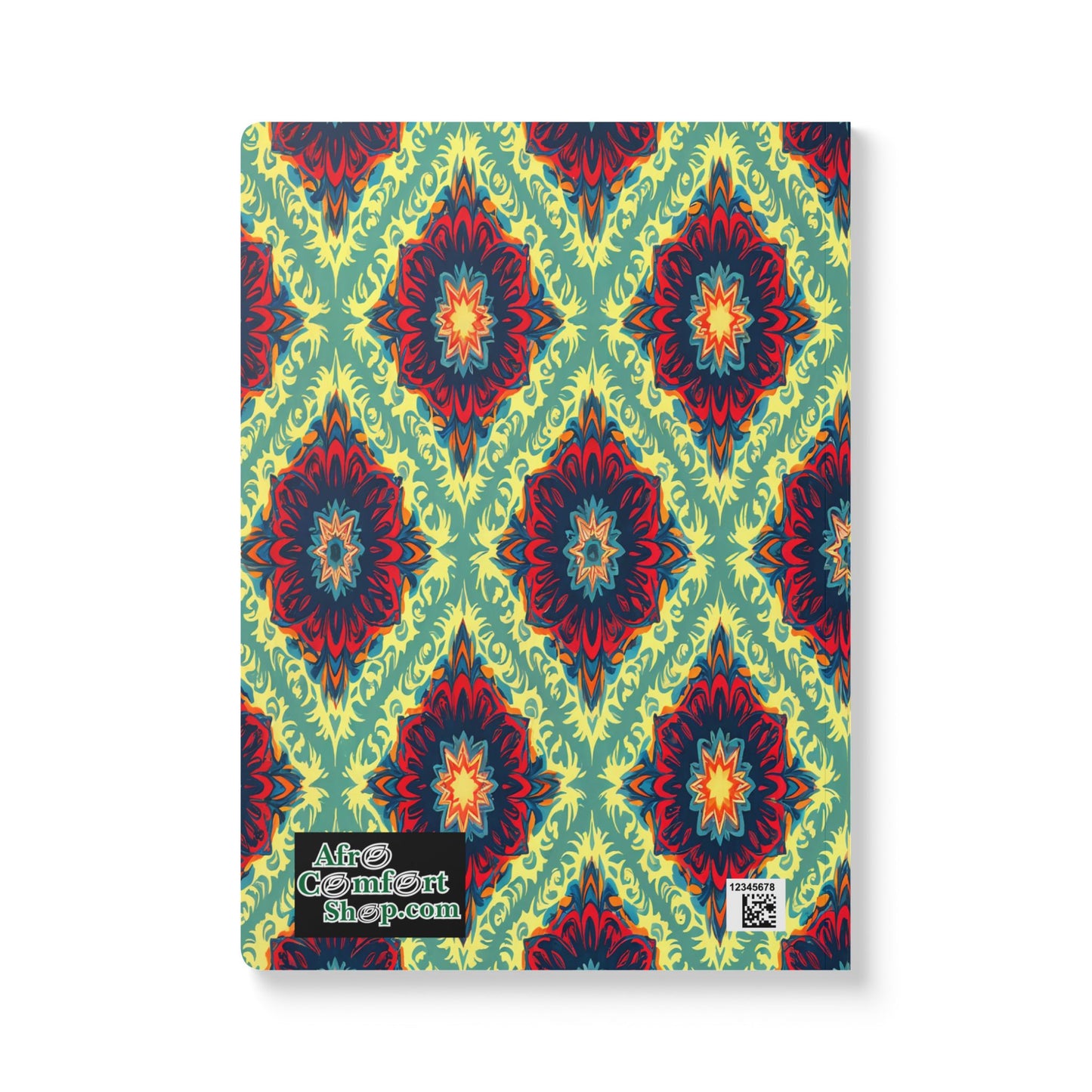 A creative journal with a vibrant, symmetrical geometric pattern in red, blue, yellow, and green hues. The design features diamond shapes with floral elements. Logo and website “AlexCornArtShop.com” appear in the lower-left corner.
