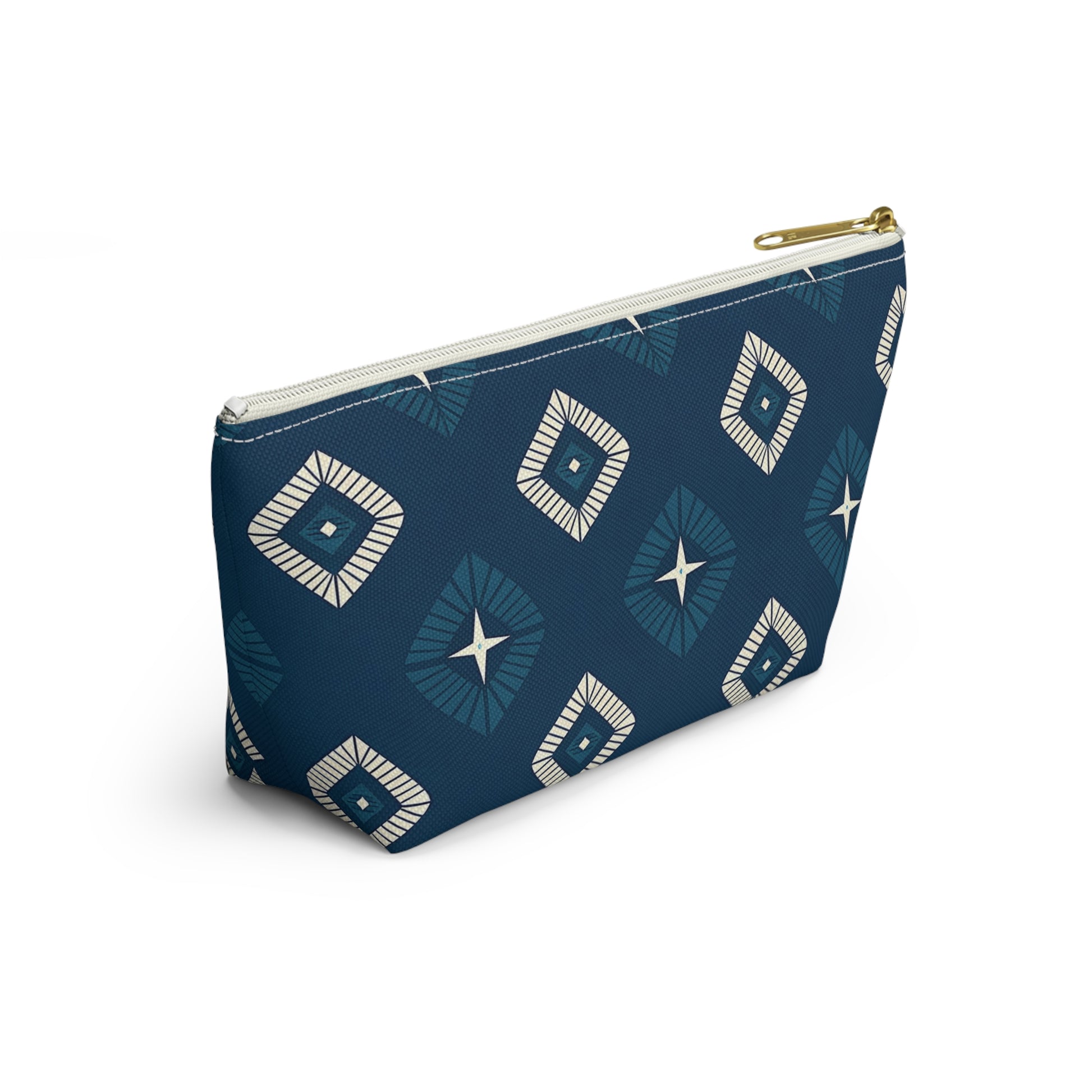 A blue zippered cosmetic travel bag featuring African-inspired patterns of white and teal diamonds and star shapes. The modern, geometric design covers the entire surface, while the gold zipper and T-bottom pouch shape make it stylish and functional.