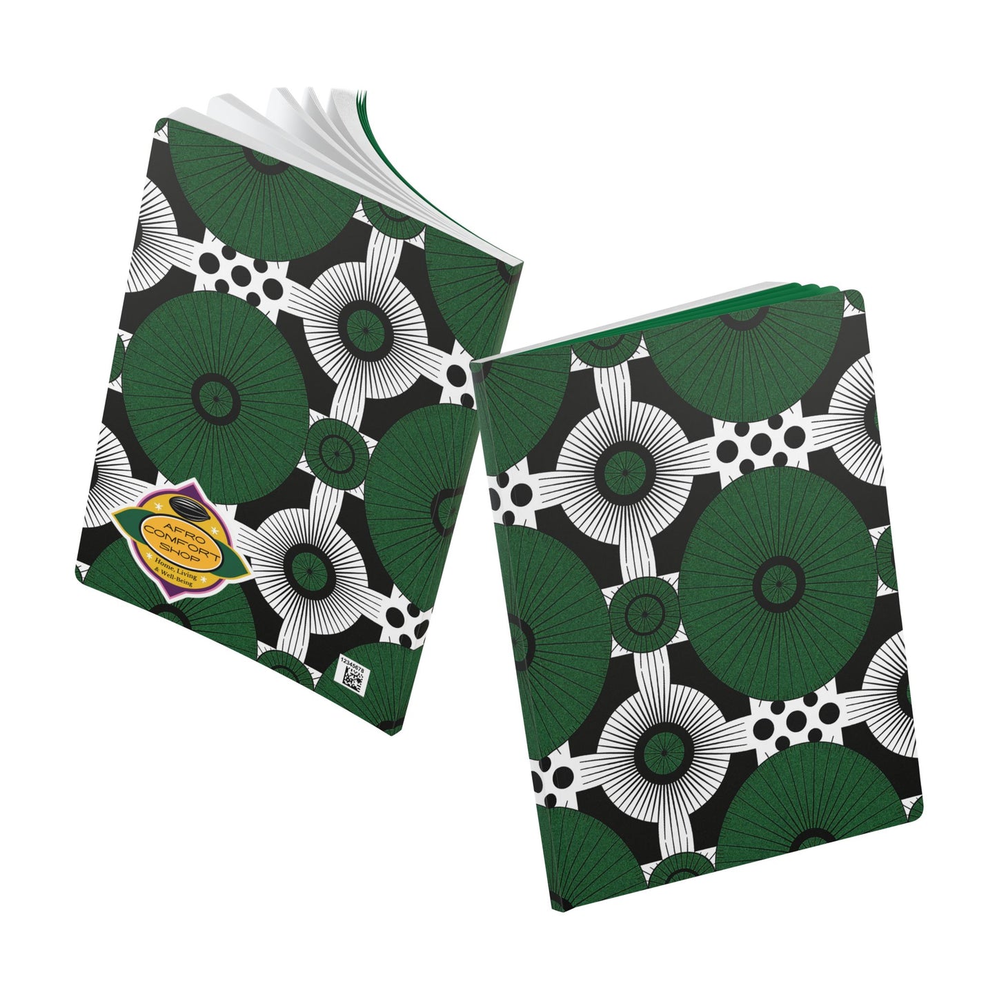 Two composition notebooks with black, white, and green geometric floral covers are shown. Perfect as an African-inspired journal for daily journaling, one is open to reveal white pages; the other is closed with a yellow label and barcode sticker on the cover.