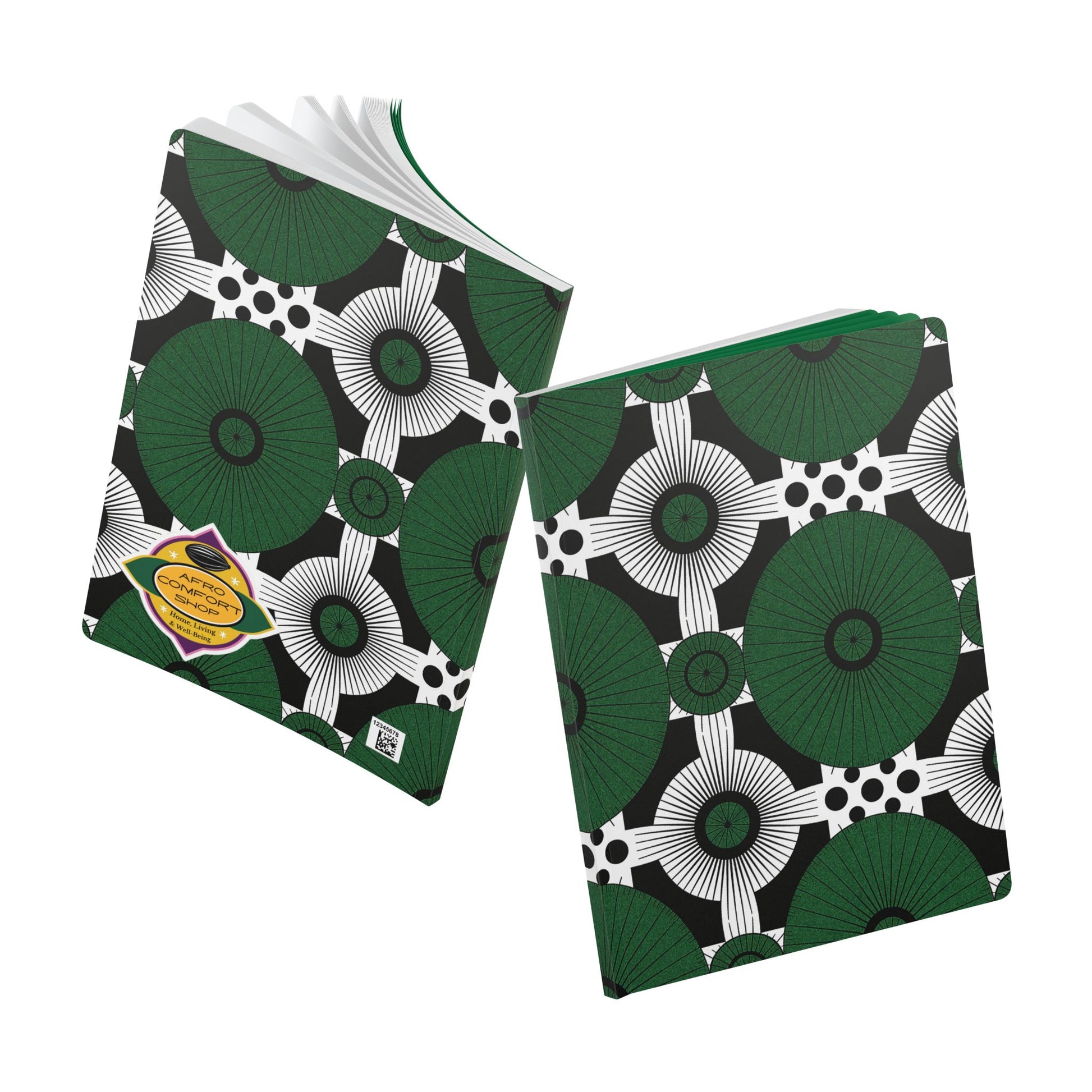 Two composition notebooks with black, white, and green geometric floral covers are shown. Perfect as an African-inspired journal for daily journaling, one is open to reveal white pages; the other is closed with a yellow label and barcode sticker on the cover.