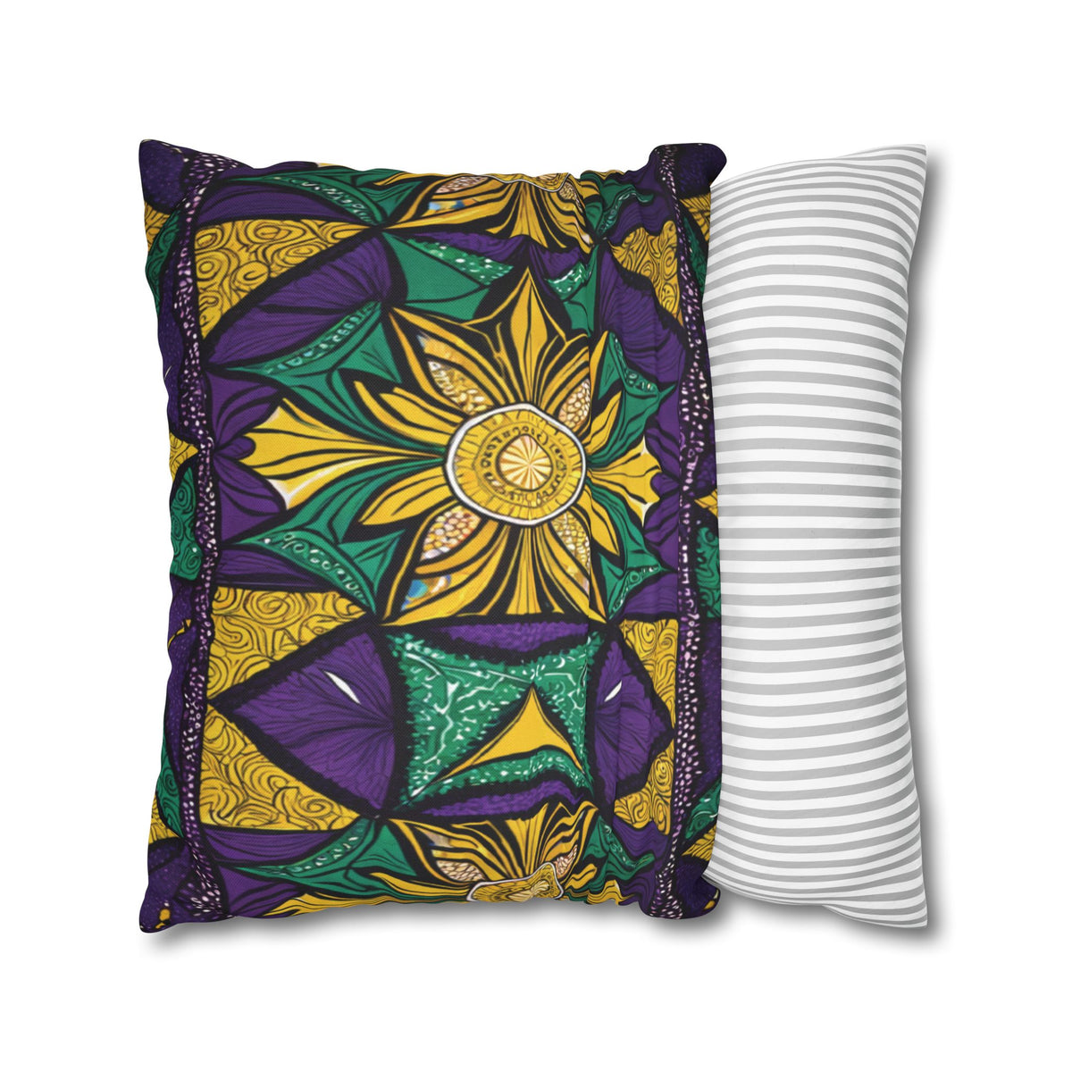 Two pillows are shown: one with vibrant African-inspired patterns in yellow, green, purple, and black, and the other with a simple gray and white striped design, both set against a white background.