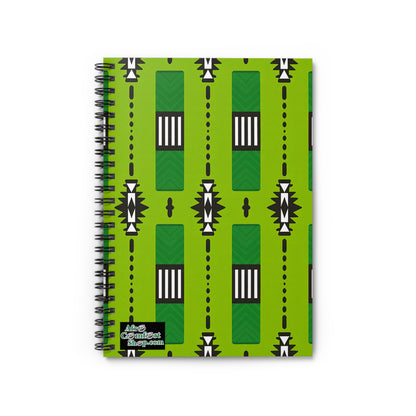 A spiral-bound notebook with a bright green cover featuring a repeating geometric pattern of black, white, and dark green shapes. Enjoy a premium writing experience with this standout from the Aztec Collection Shop’s culturally inspired designs.