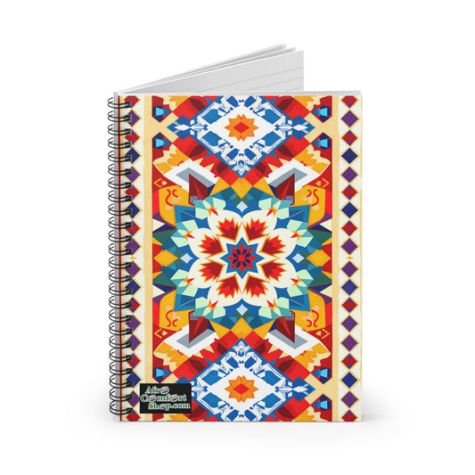 A premium writing journal, this spiral-bound notebook showcases a vibrant geometric cover with African-inspired, symmetrical star and diamond patterns in red, blue, orange, and yellow. “AhvGradientShop.com” is printed in the lower left corner. Blank pages inside are slightly open.