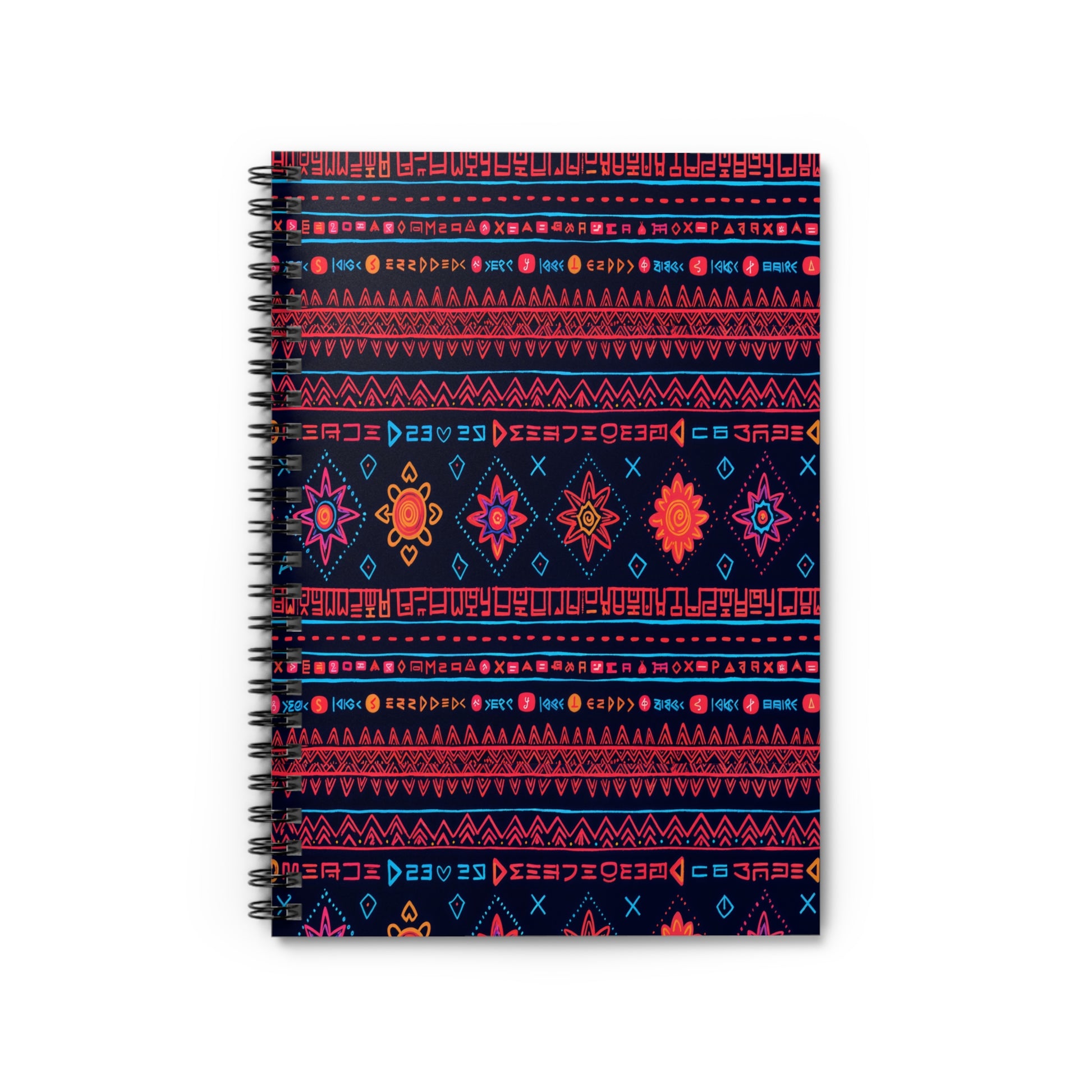This African-inspired spiral notebook features a dark blue cover with vibrant geometric and floral patterns in red, orange, blue, and pink. Symmetrical diamonds, arrows, and stylized flowers create a bold, colorful, ethnic-inspired design.