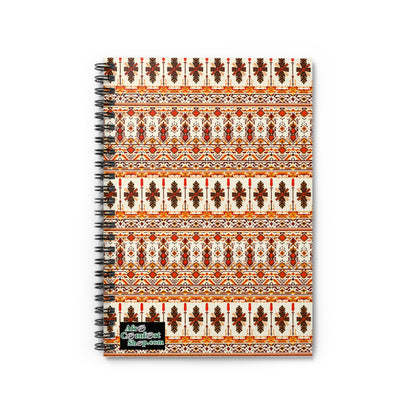 A spiral-bound notebook with a cover featuring culturally inspired designs in red, orange, and brown. Geometric and floral motifs are arranged in stripes. A small green and black label in the corner reads, Artist Collection: Ahsaan.