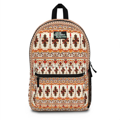 A durable school backpack featuring brown, orange, and black geometric and floral motifs on a cream background. It has a front zip pocket, side mesh pocket, and a green label reading “Nice Current Situation” for added boho chic rucksack flair.