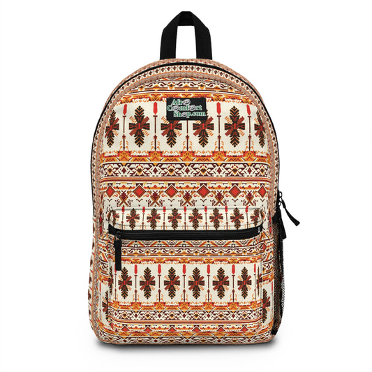 A durable school backpack featuring brown, orange, and black geometric and floral motifs on a cream background. It has a front zip pocket, side mesh pocket, and a green label reading “Nice Current Situation” for added boho chic rucksack flair.