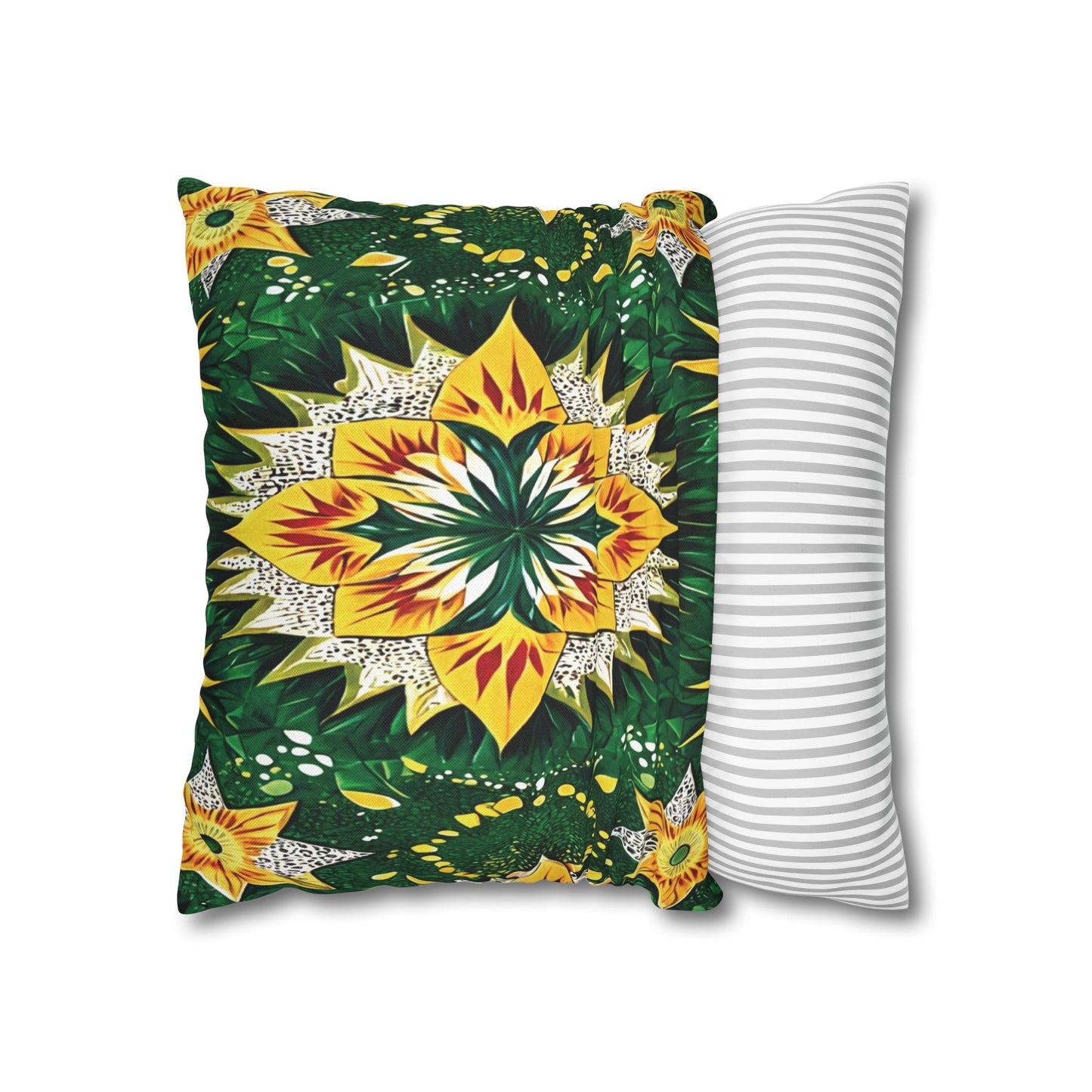 A pillow with a bold, African-inspired sunflower and green leaf mandala pattern on the left, and a pillow with a simple gray and white horizontal stripe design on the right, both set against a plain white background.