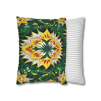 A pillow with a bold, African-inspired sunflower and green leaf mandala pattern on the left, and a pillow with a simple gray and white horizontal stripe design on the right, both set against a plain white background.