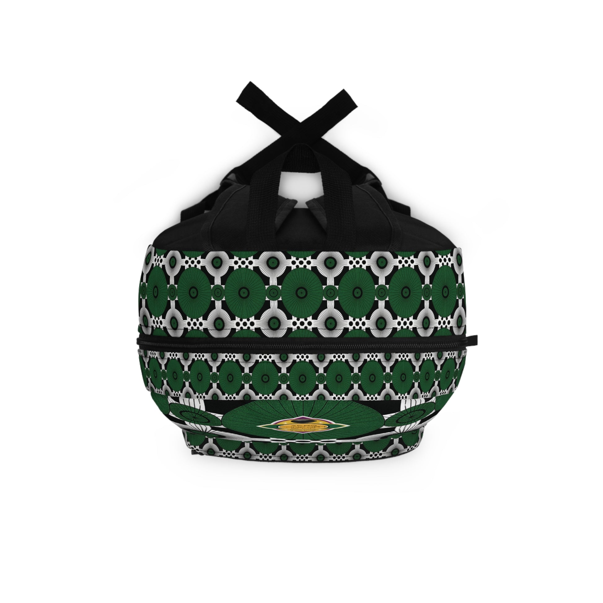 A round duffel bag with black handles featuring a green, black, and white geometric pattern. This vibrant backpack showcases circular and hexagonal shapes with a yellow, green, and white emblem at the center front.