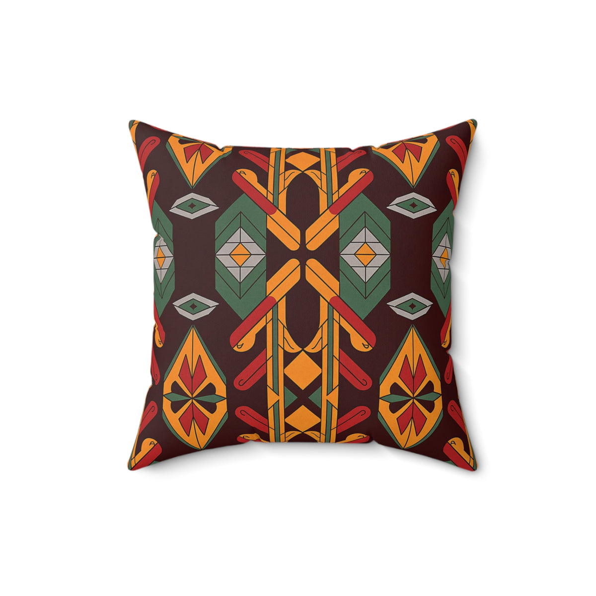 Square faux suede pillow with a geometric, tribal-inspired pattern in red, gold, orange, green, and black. The symmetrical design features diamond shapes and teardrop motifs—an ideal African accent pillow for any modern space.