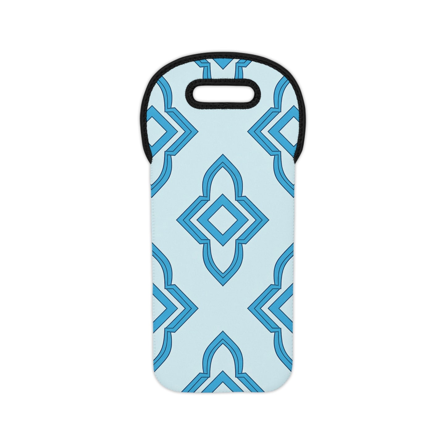 A neoprene wine tote with a black-trimmed handle and a repeating geometric pattern in shades of blue on light blue. This insulated bottle holder features diamond and pointed shapes, giving it a modern, stylish look.