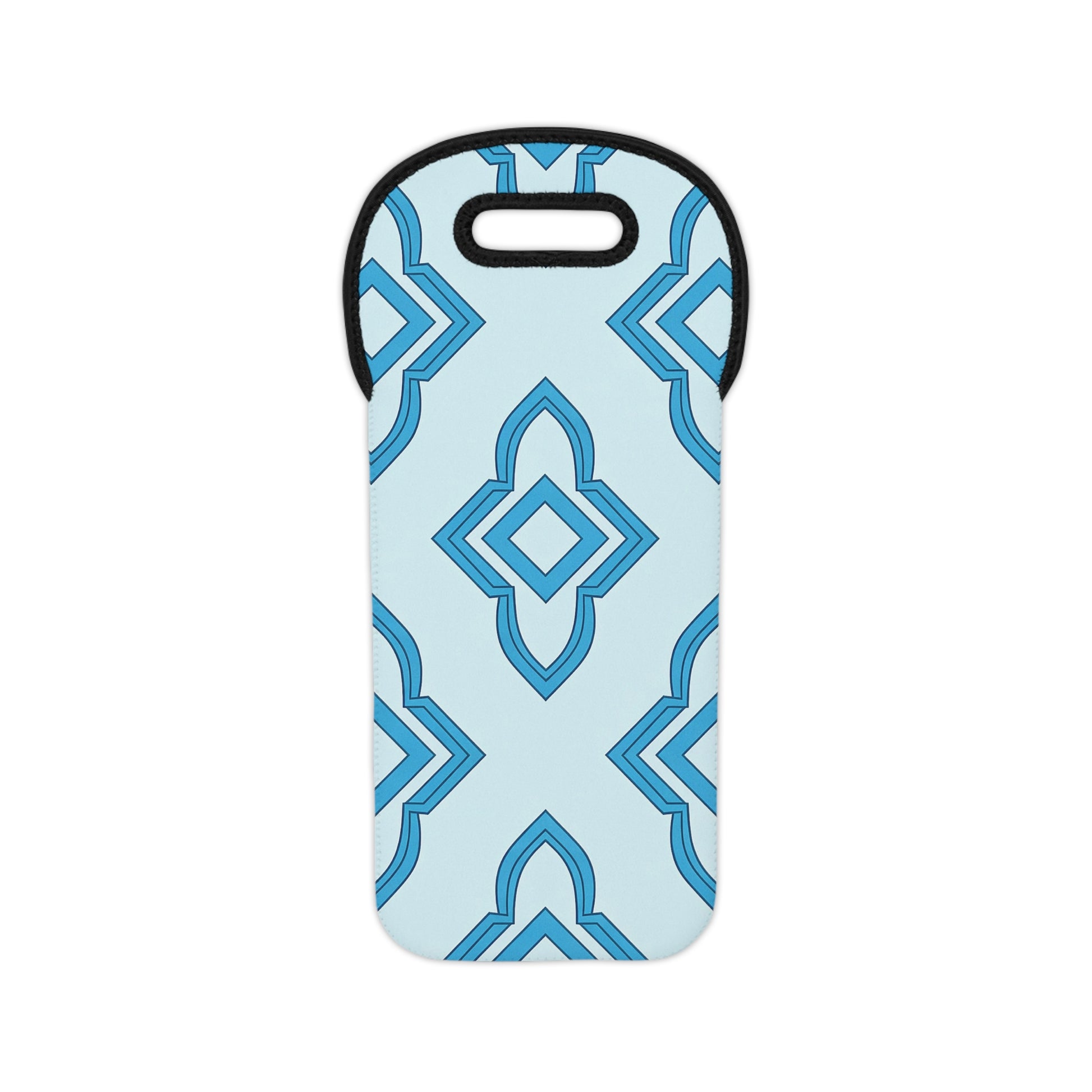 A neoprene wine tote with a black-trimmed handle and a repeating geometric pattern in shades of blue on light blue. This insulated bottle holder features diamond and pointed shapes, giving it a modern, stylish look.