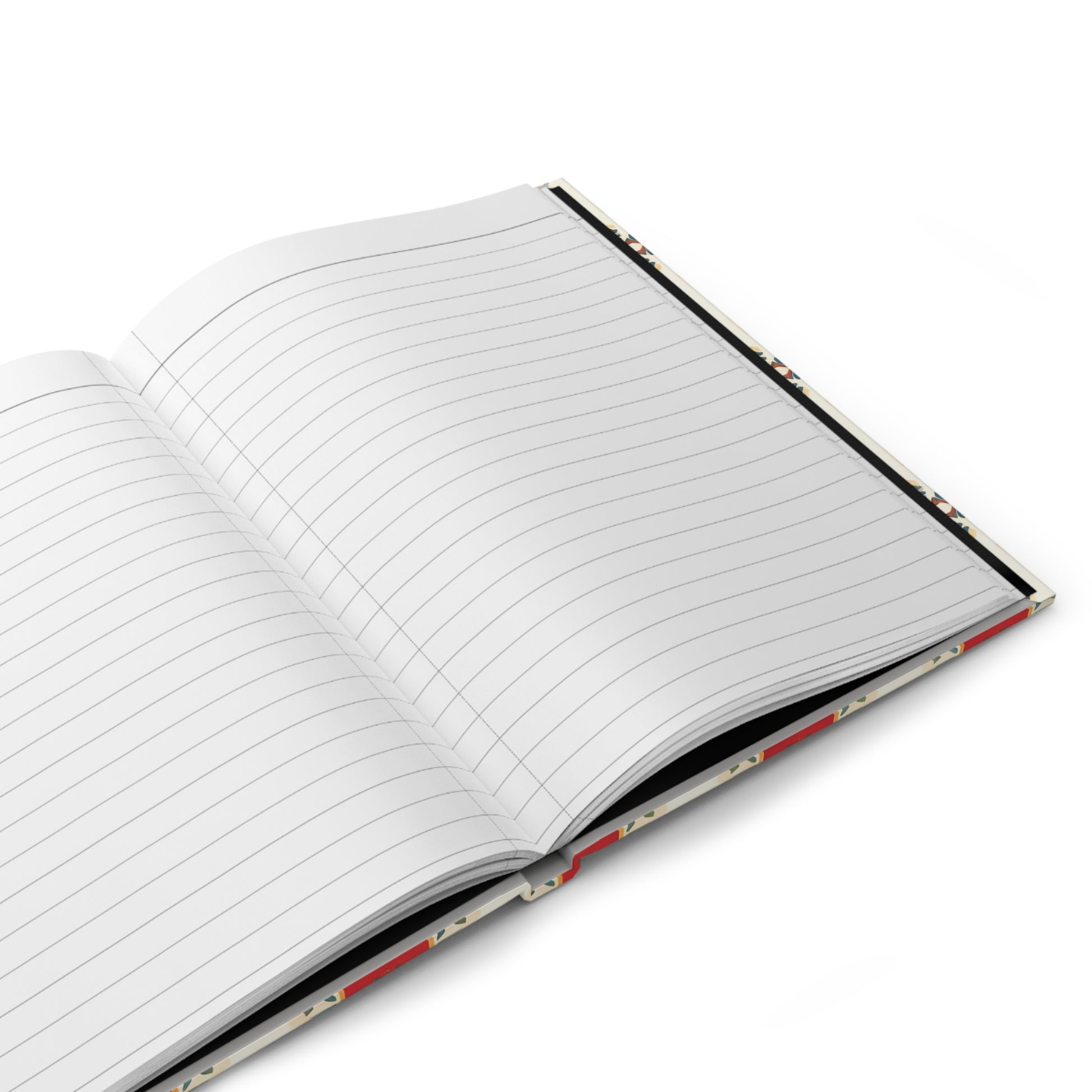An open wellness journal with lined white pages lies on a white surface. The blank pages and the cover’s hint of red and black are visible. The notebook is angled diagonally from bottom left to top right.