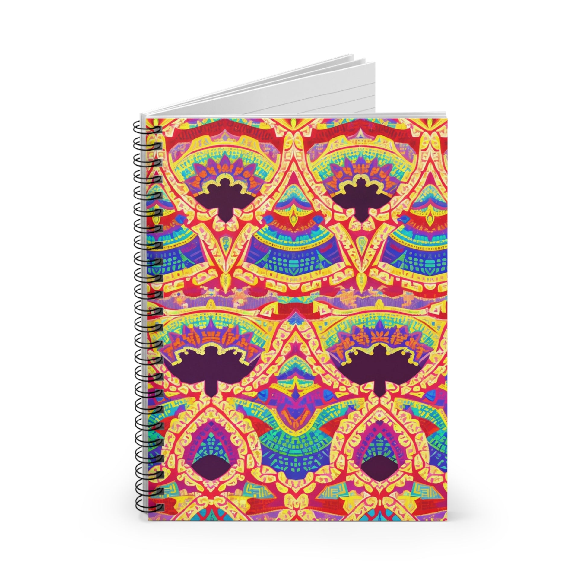 A spiral notebook with a cover featuring vibrant, symmetrical, culturally inspired designs in red, yellow, blue, orange, and purple. The intricate, abstract pattern resembles traditional or bohemian motifs. The notebook is standing upright and open slightly.