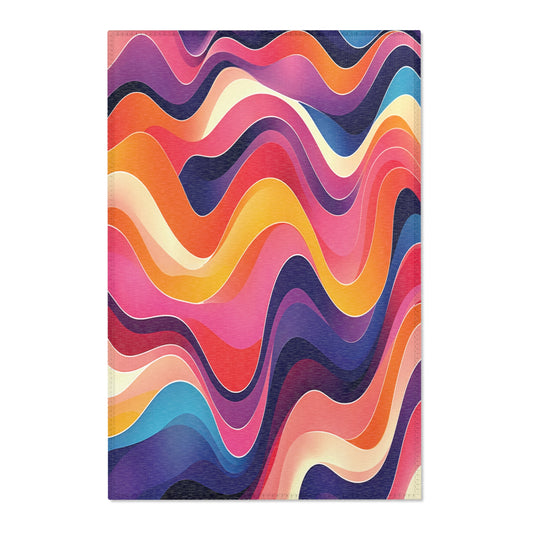 Abstract wavy pattern with vibrant colors like purple, blue, orange, pink, and cream.