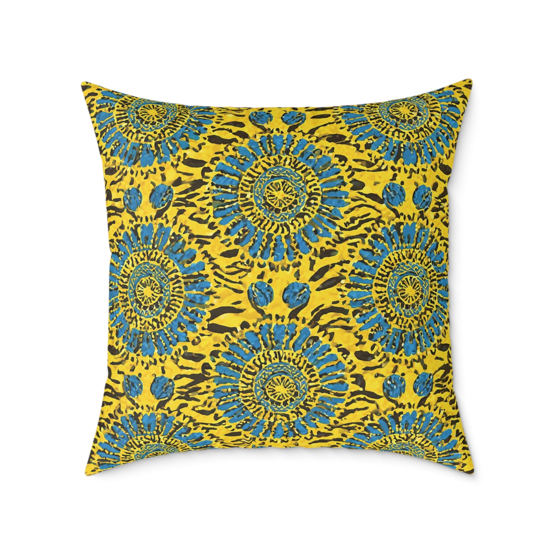 A vibrant throw pillow featuring a symmetrical pattern of blue and teal circular floral designs on a bright yellow background, accented with black animal print-inspired spots and lines. This colorful home decor piece has crisp edges and a smooth texture.
