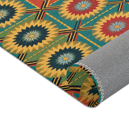 A rolled-up rug with a vibrant geometric pattern of radiating starburst shapes in yellow, red, blue, and green. The gray textured backing and zigzag stitching highlight the durable polyester rug—perfect for stylish home decor.